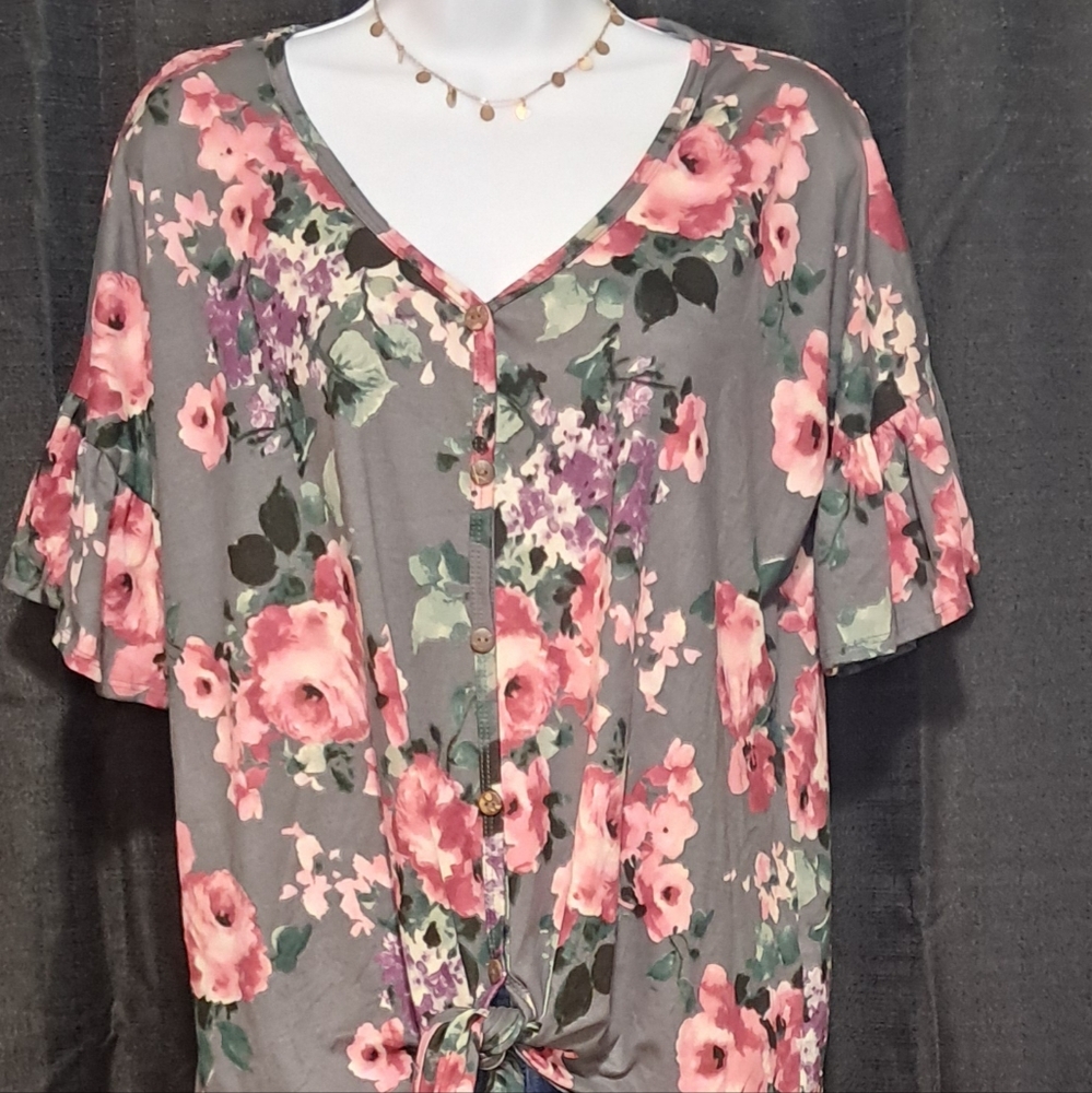 Floral Button-Down Top - Pink and Gray